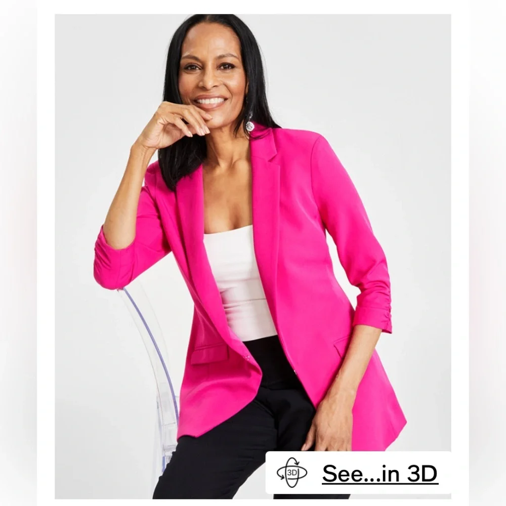 Gorgeous Woman’s Hot Fuchsia Pink 3/4 Ruched Sleeve Tailored Blazer - Picture 9 of 10